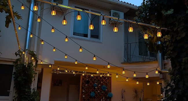 Christmas or Holloween Deco Solar Lights Outdoor, 22Ft-10 Flickering Flame Bulbs Waterproof, Warm White Solar Powered Fairy Lights for Garden Patio Yard, Commercial & Party Decor (Bistro/Cafe/Gazebo)