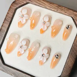 Elegant Orange 3D Flowers Handmade Press On Nails Set with Rhinestones for Nail Art S M L Sizes