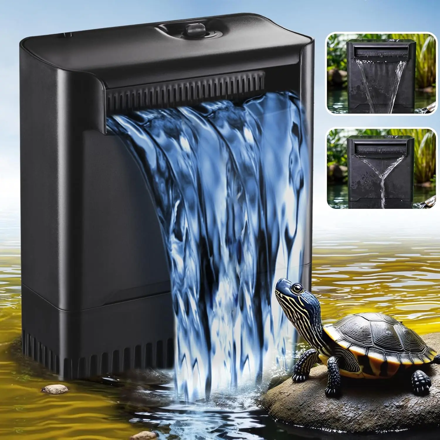 290GPH Turtle Tank Filter Aquarium Filter for 20-85 Gal, Turtle Filter Low Water Level Available and Flow Adjustable, Turtle Water Filter for Shrimps Amphibians Turtle Tank Saltwater Freshwater | Minimum water level required: 2.6 inches Power Adjustable