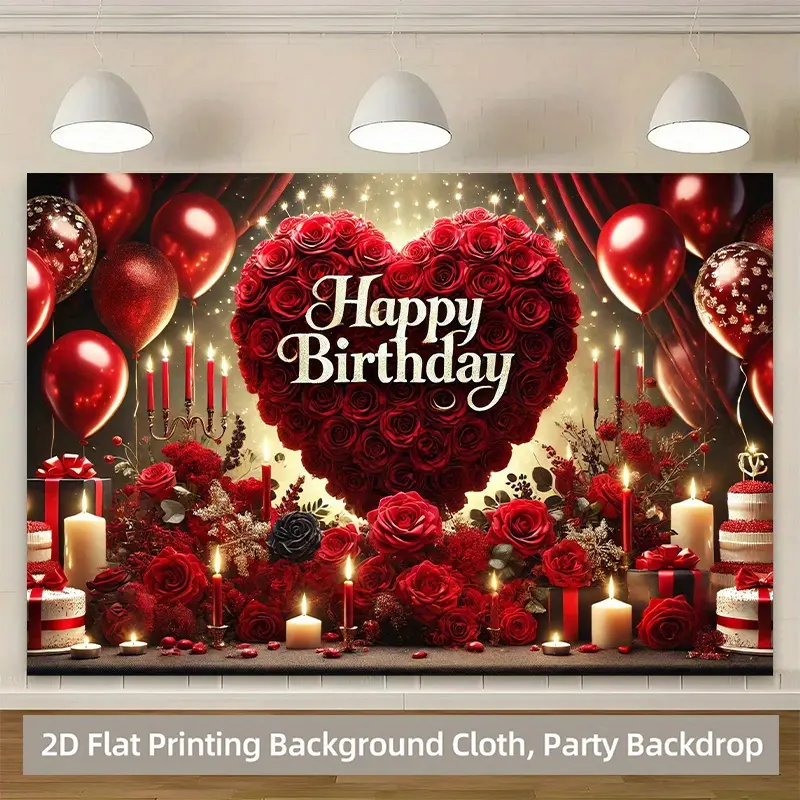 1PC,2D Flat Birthday Party Backdrop, Red Rose Heart - themed Background Cloth, Romantic Birthday Decoration Photo Backdrop, Birthday Decoration Background Curtain, Birthday Photography Background Clot, Banners, Party Decoration Supplies,summer