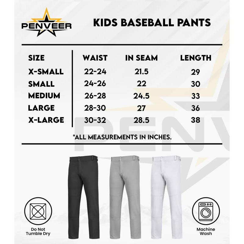 Penveer Youth Baseball Pants, Full Length Open Bottom Boys Baseball Pants with Durable Snap, Softball Pants, T Ball Pants (White) Athletic Wear