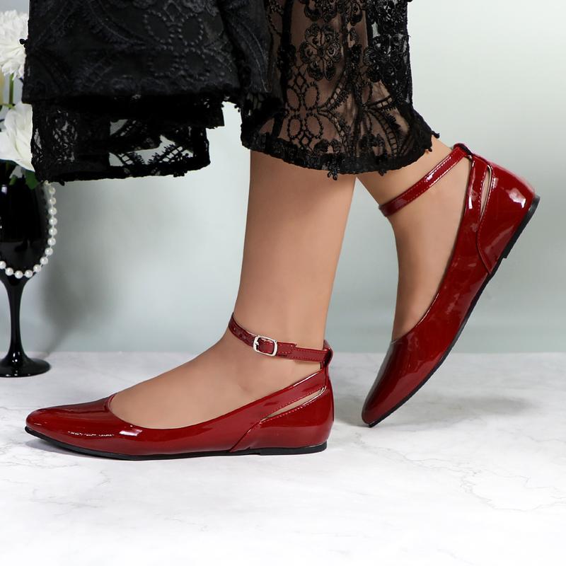 Women's Comfortable Ballet Flats Pointed Toe Patent Leather Ankle Strap with Buckle Elegant Lightweight Breathable Girl Casual Dress Flat Shoes Footwear For Work Office Daily Wear