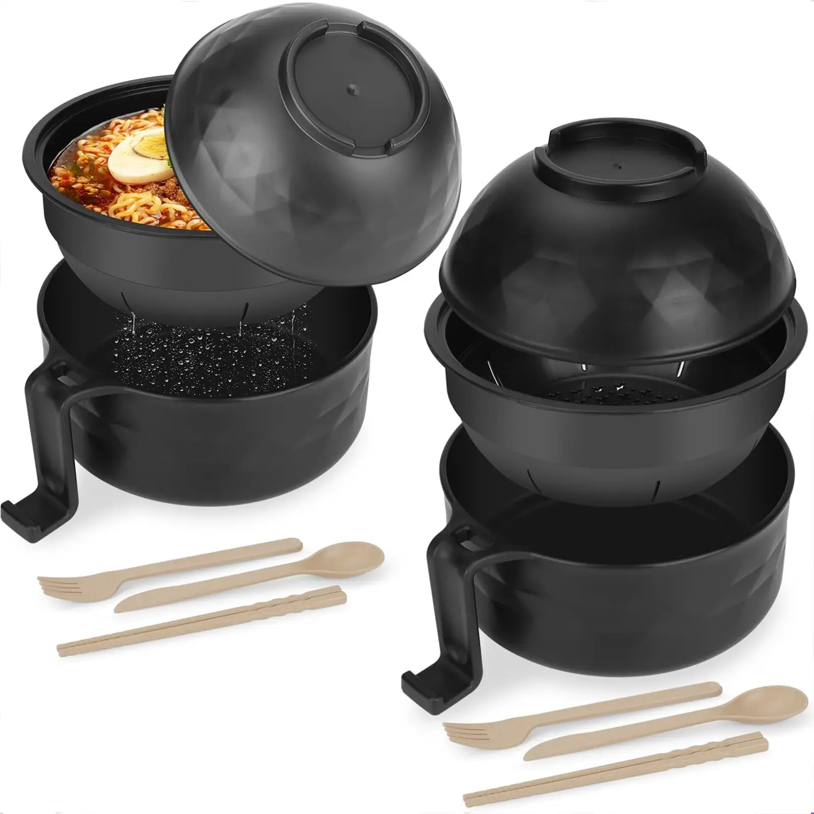 Multifunctional BPA-Free Microwave-Safe Wheat Straw Ramen Cooker Bowl Tableware Set - Built-in Strainer, Phone Holder, Chopsticks Cover, Cutlery Value Pack for College Students, Dorm Kitchen Gadgets