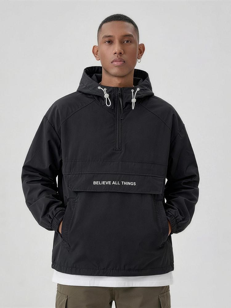 Men’s half-zip hooded jacket, pullover outdoor jacket with a half-button placket, pockets, letter print, suitable for spring and autumn outdoor activities