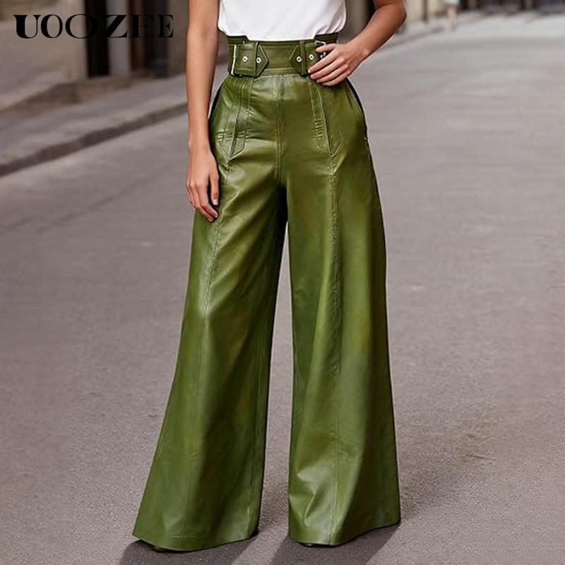 UOOZEE NEW  Women's Faux Leather Pants PU High Waist Wide Leg Pants with Pockets Pleated Going Out Flare Trousers