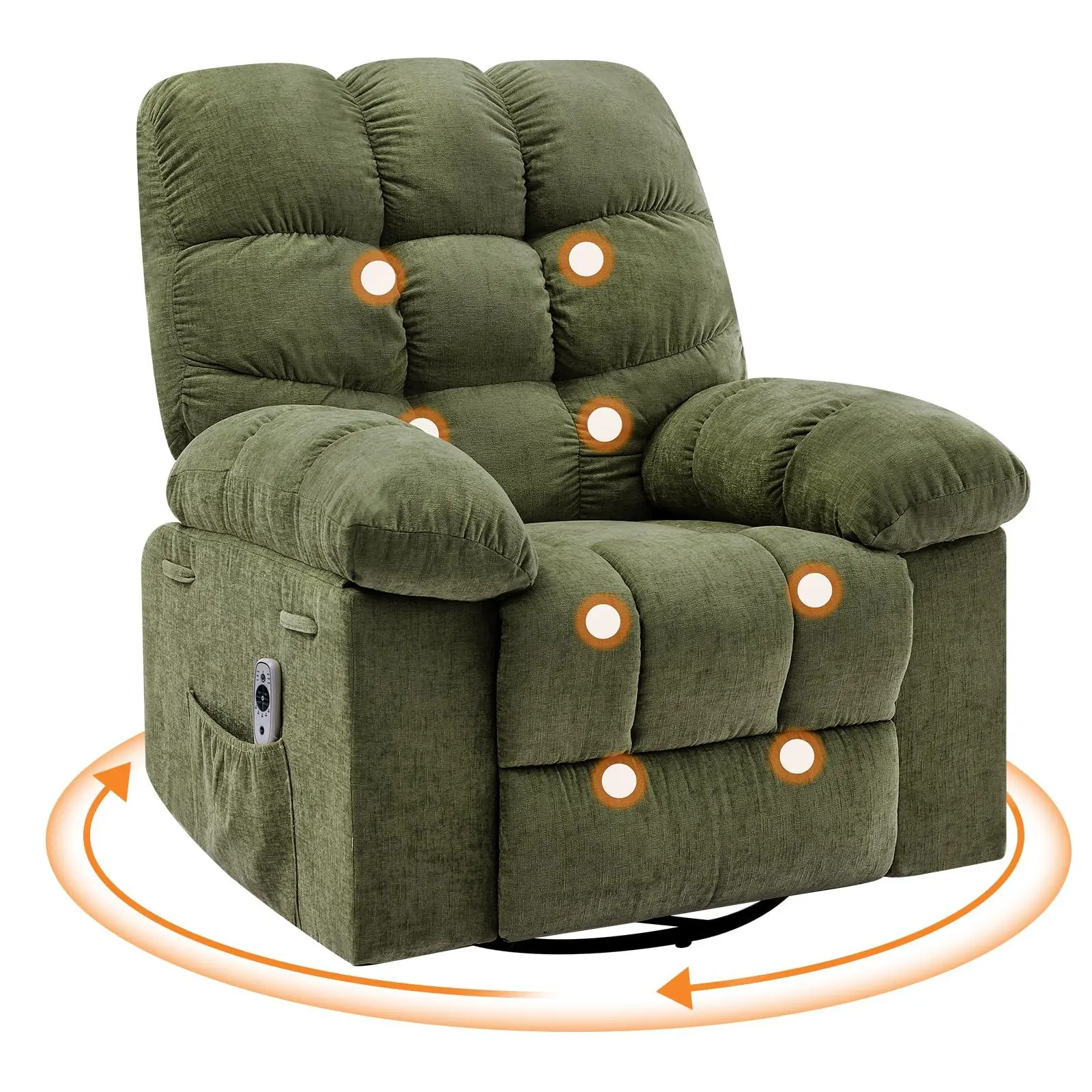 Rocking Recliner Chair,Massage Rocker Recliner Chair with Vibration Massage and Heat,360°Swivel Recliner Chairs,Oversized Rocker Recliner Single Sofa with Side Pocket,Living Room,Bedroom,Nursery,Green