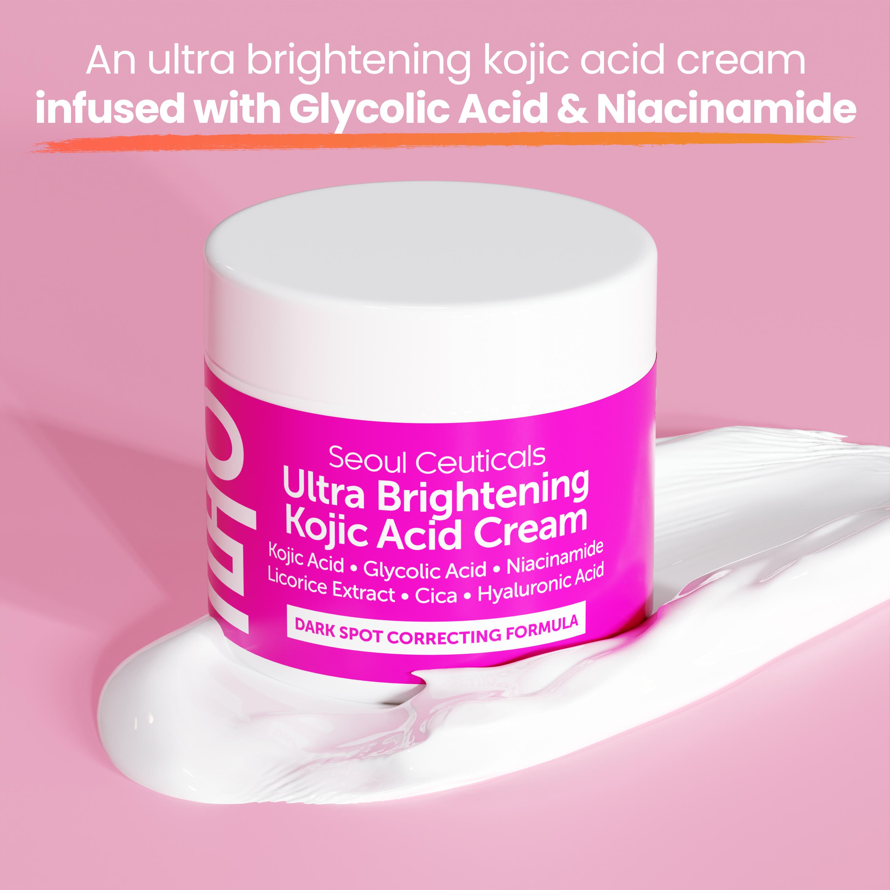 SeoulCeuticals Ultra Brightening Kojic Acid Cream K Beauty Dark Spot Remover with Glycolic Acid Niacinamide + Cica + Hyaluronic Acid Moisturizer - Cruelty Free Korean Skincare