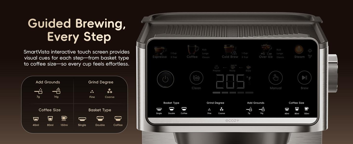 ecozy  4-in-1 Espresso Machine, Drip Coffee, Cold Brew and Over lce Machine with Touch Screen, Milk Frother Steam Wand, Stainless Steel, Coffee Maker for Cappuccinos, Lattes, Americanos