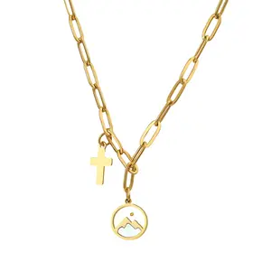 Mustard Seed Mountain Necklace – Women Gold Plated Round Shell Stainless Steel Cross Christian Inspirational Faith Pendant  Gift men girl magnetic field therapy  fashionable hip-hop elegant rhinestone light luxury unisex jewelry sparkly festival bracelet