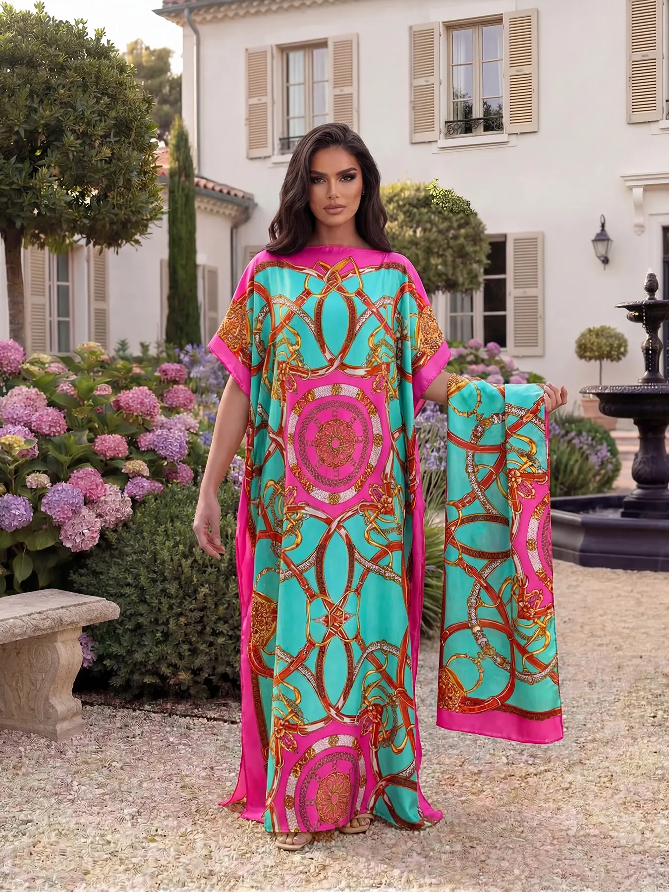 Elegant Dopamine Color Set, Simulated Silk Chain Print Design, Bohemian Aesthetic, Long Dress Robe Pullover Shawl + Long Scarf, Women's Casual Beach Sun Protection