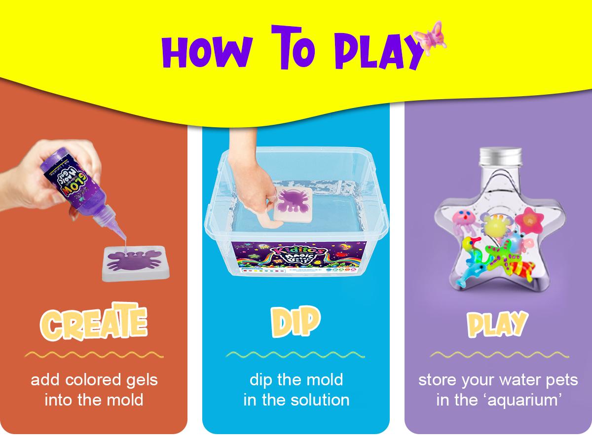 Kiditos Glow in the Dark Magic Water Elf Toy Kit Aqua Fairy Water Gel Kit with 8 Magic Gels & 10 Molds Create DIY Summer Toys for Kids