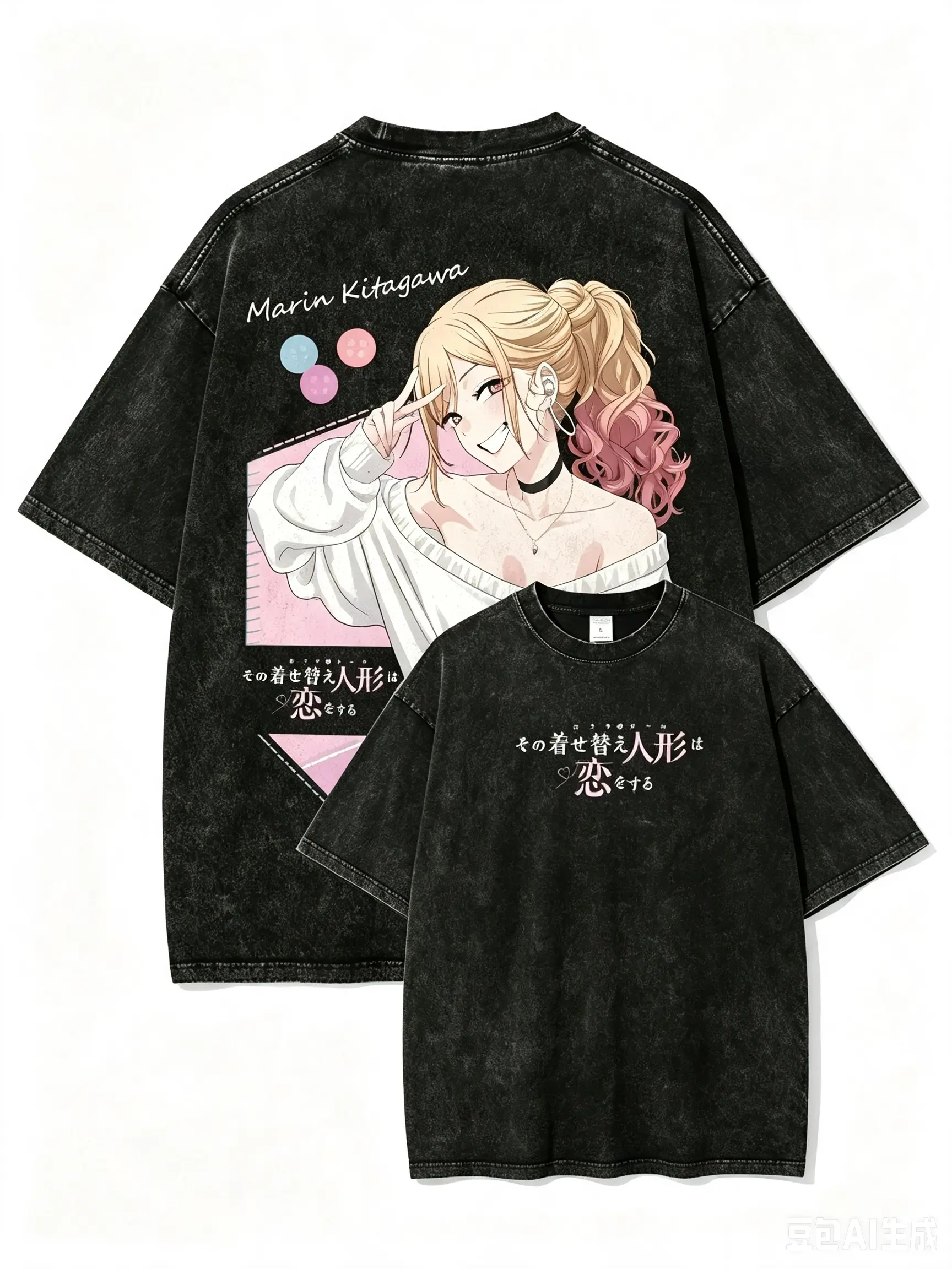 Marin Kitagawa Anime Graphic T Shirt Vintage Washed Oversized Tee Y2K Streetwear Japanese Manga Harajuku Style Black Acid Wash Shirt My Dress Up Darling Inspired Unisex Heavyweight Cotton Summer Top