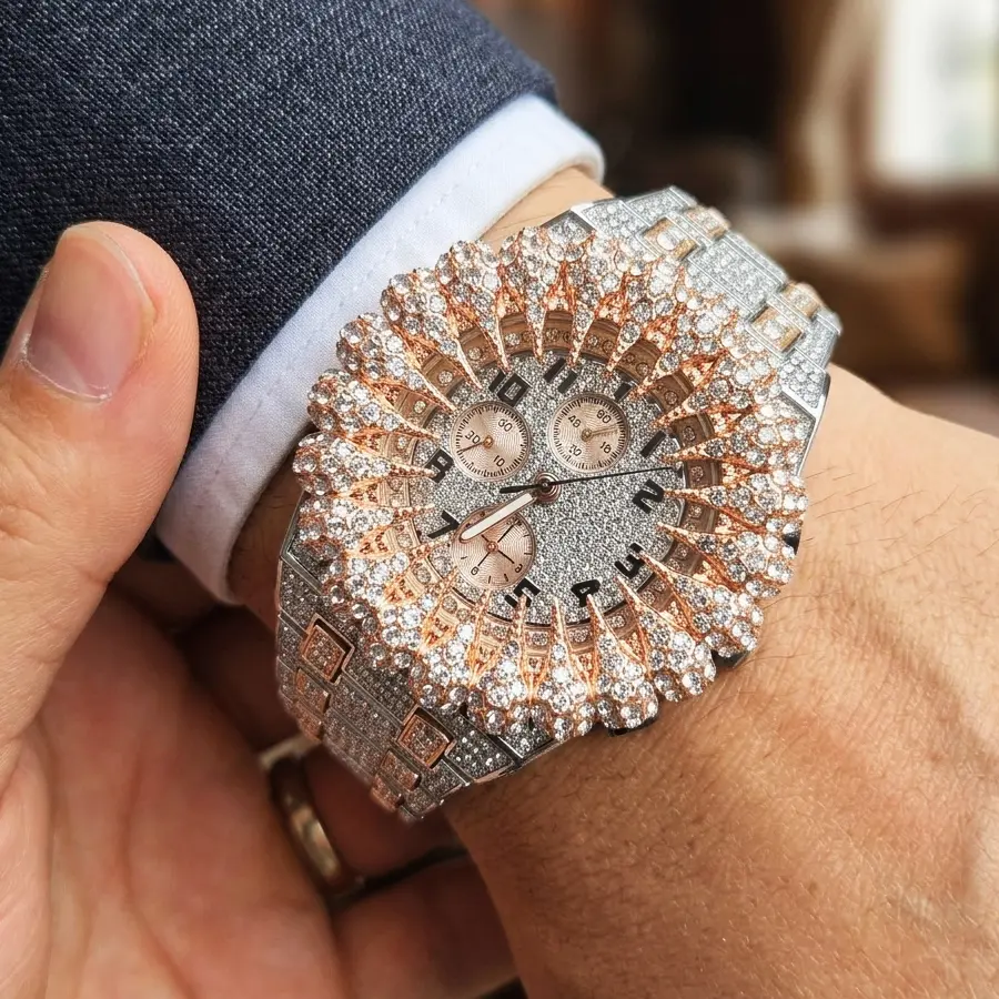 MaxBling81 Men's Novelty Round All-Metal Diamond-Embellished Quartz Watch - Hip Hop Style, Monster Teeth Unique Design, Iced CZ Bling, Rose Gold/Silver Plated Fashion Watch, Novelty Quartz Watches, Diamond-Embellished Quartz Watches