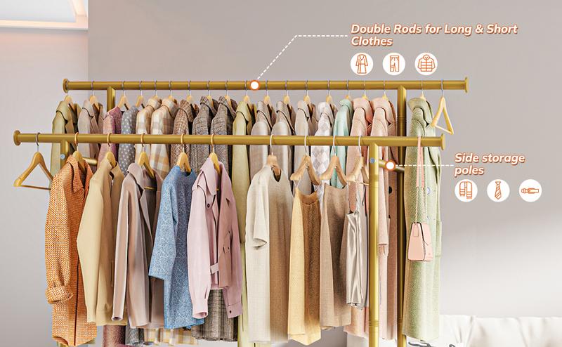 Raybee Heavy Duty Clothing Racks with Net Pocket Holds Up to 210lbs,Double Rod Metal Clothes Rack for Hanging, Rolling Garment Rack with Wheels Portable Closet Racks for Bedroom, Laundry Room,Dorm, Black, White, Gold