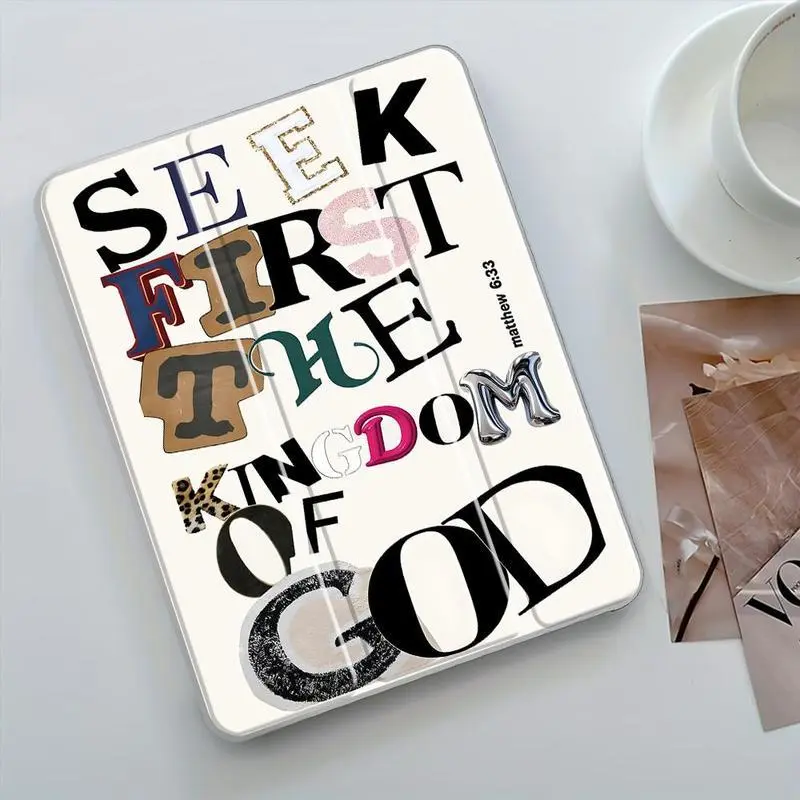 Vintage Stylish "Seek First God's Kingdom" Magnetic Folding Stand Case for 10.2in 2019/2021 iPad Series, Transparent Acrylic Hard Back, Pencil Slot, Charger Slot, Ultra-Thin, Scratch-Resistant, Shockproof Full-Protection Tablet Accessories