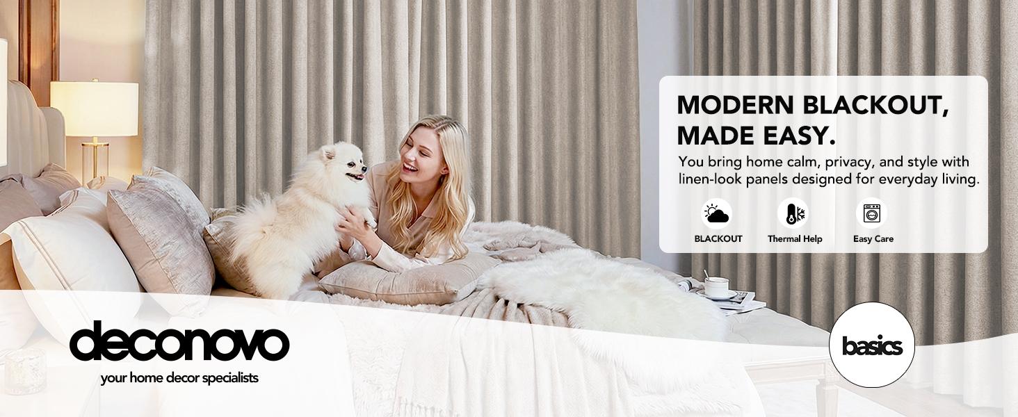 Deconovo Linen Total Blackout Curtains ,2 Panels Thermal Insulated Room Darkening Drapes for Bedroom Living Room, Rod Pocket/Back Tabs, Soft Window Drape, Modern Home Curtain