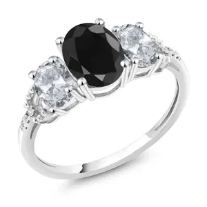 Gem Stone King 10K White Gold Oval Gemstone Birthstone & White Topaz 3-Stone Engagement Ring with Diamond Accents | 8X6MM Center, 6X4MM Sides, 1MM Accents | Three Stone Wedding Anniversary Promise Ring For Women