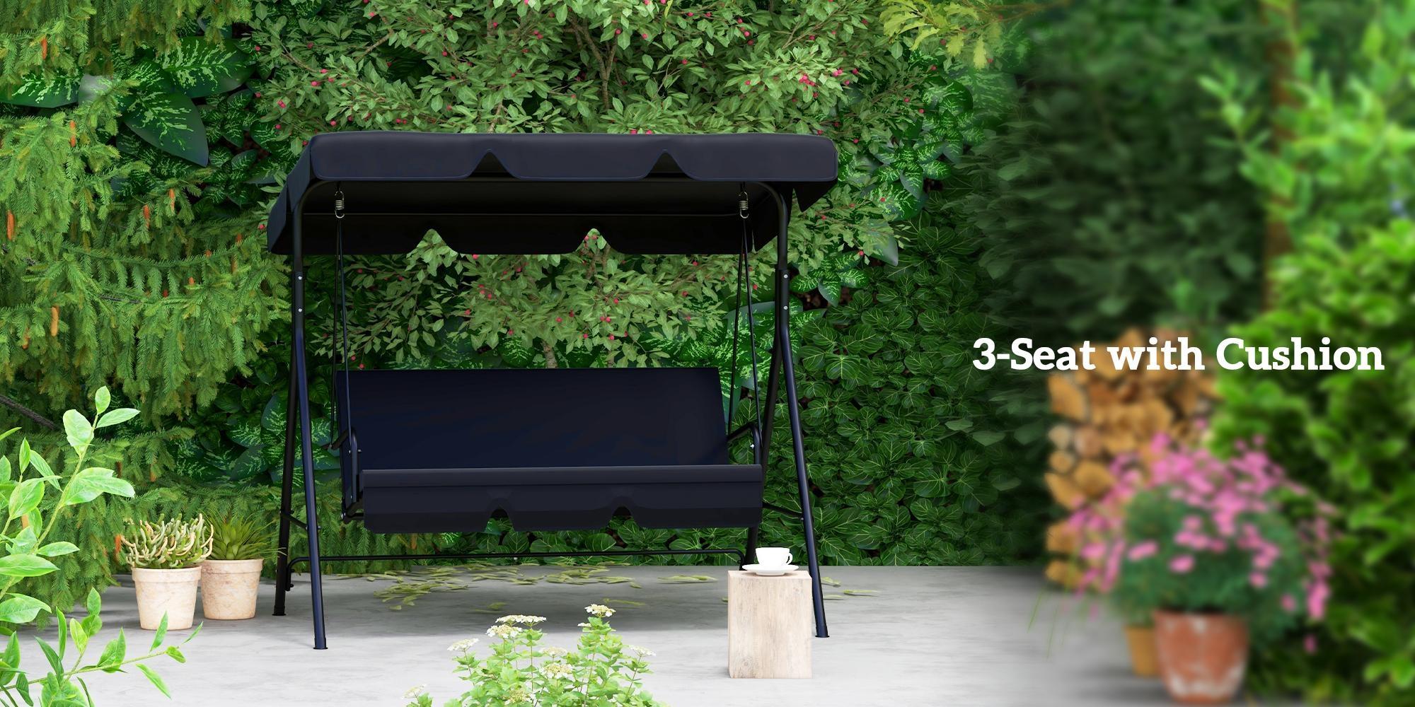 Outsunny 3-Seat Outdoor Patio Swing Chair with Removable Cushion, Steel Frame Stand and Adjustable Tilt Canopy for Patio, Garden, Poolside, Balcony, Backyard