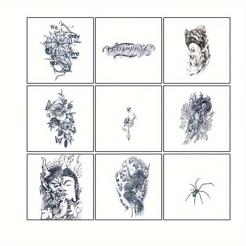 A Set of 9 Large Temporary Tattoo Stickers, Mainly Designed with Herbal Design, Including: Boat, Mexican Style Letters, Geisha, Flowers, Compass, Nine-Tailed Fox, Devil, Koi and Spider Elements. The Duration Is 7-15 Days, Waterproof and Anti-Friction, the