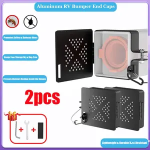 Set of 2 aluminum RV bumper end caps for 4×4 inch square bumpers with vent holes; simplified camper sewer hose storage protective cover with hinged door; trailer and motorhome outdoor accessories