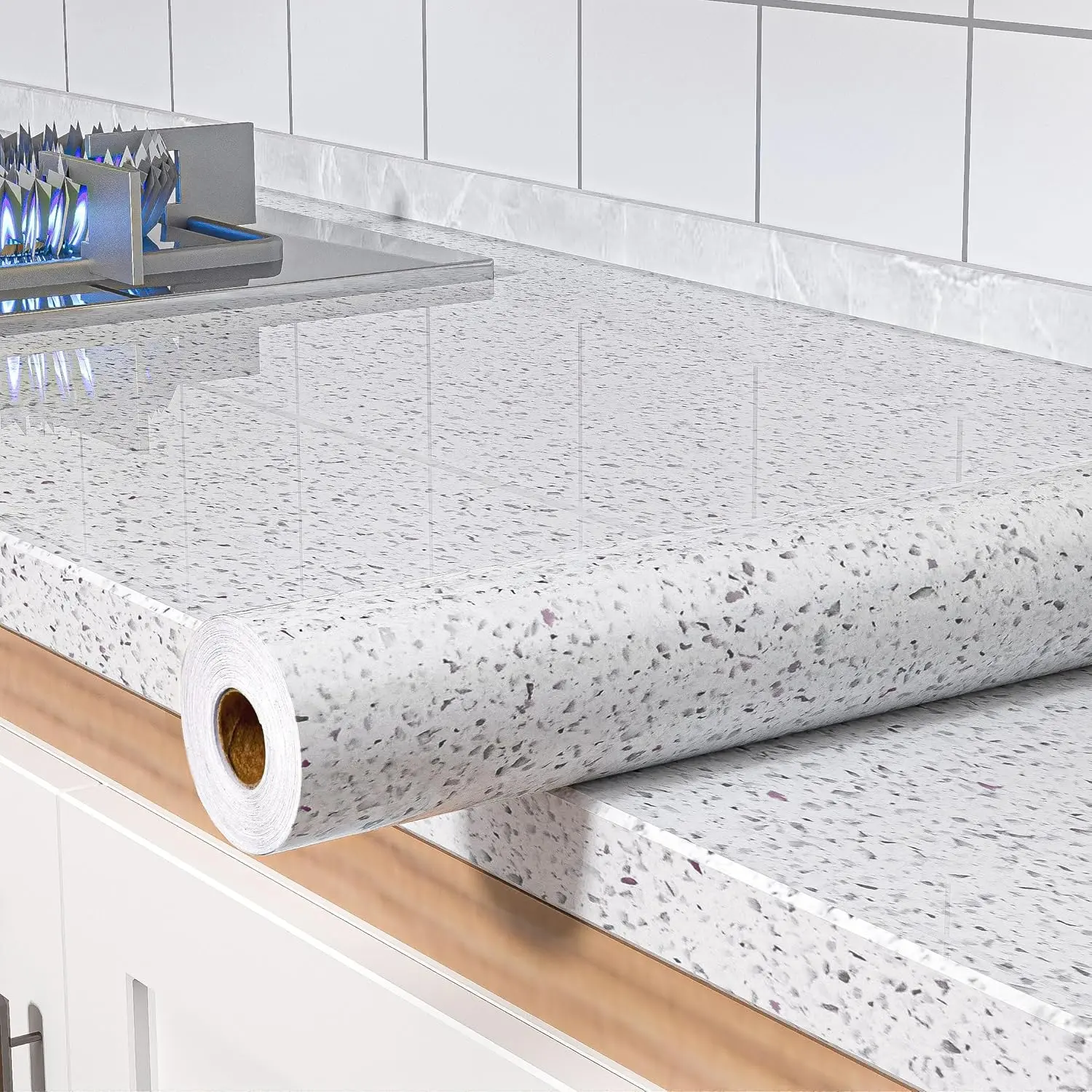 White Glossy Marble Contact Paper for Countertops 118”×15.7” Self Adhesive Removable Wallpaper Granite Peel and Stick Wallpaper for Bathroom/Kitchen/Cabinets Waterproof Easy to Clean