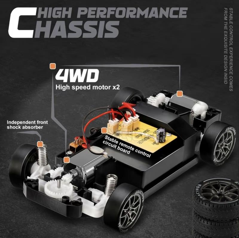 RC Drift Car Mini 4WD 7-Inch 2.4 GHz Remote Control 20 KM/H with LED Headlights, Roadblocks, Dual Batteries, Long-Range Remote Control, 2 Tire Sets Included