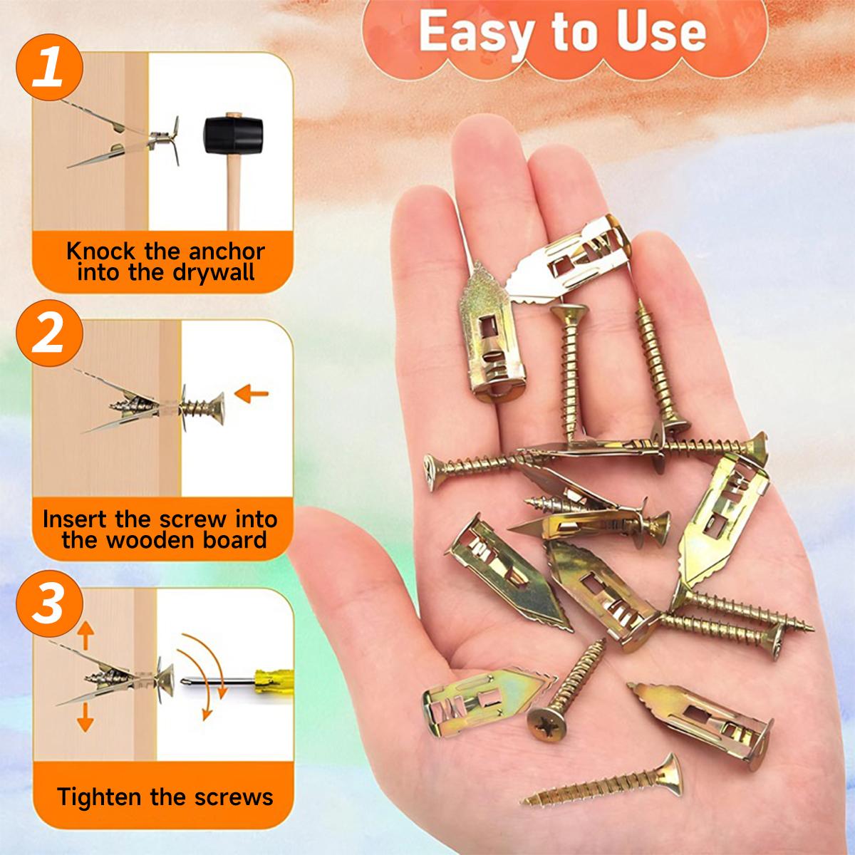 40Pcs Self Drilling Drywall Anchors with Screws, 20Pcs Metal Self-Drilling Anchors and 20Pcs Screws Kit, No Drill Or Holes in Wall for Fixing TV, Shelf, Cabinet, Curtains, Calligraphy