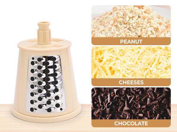 SUSTEAS Rotary Cheese Grater with 6 Replaceable Blades, BPA Free, Easy to Clean & Disassemble, Beige Vegetable Slicer Kitchen Utensils Stainless Steel Food Shredder Tool