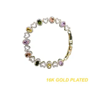 16K Gold Plated Elegant 7.28"+1.18'' Length Tennis Bracelet Adorned with Sparkling Heart-Shaped AAA Cubic Zirconia for Women Cubic Zirconia Tennis Bracelet for WomenCubic Zirconia Rainbow Tennis Link Bracelet
