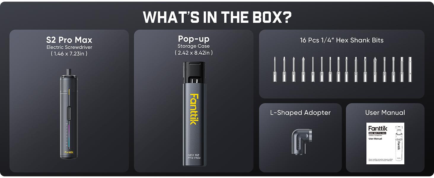 Fanttik S2 Pro Max Electric Screwdriver, Cordless Screwdriver Set, 7 Torque Settings, 0.5 to 6N.m, 16 Magnetic Bits, 1/4''Hex Shank, with 90° Angle Adapter, for Furniture, Household Repairs Fanttik S2 Pro Max Electric Screwdriver, Cordless Screwdriver Set, 7 Torque Settings, 0.5 to 6N.m, 16 Magnetic Bits, 1/4''Hex Shank, with 90° Angle Adapter, for Furniture, Household Repairs