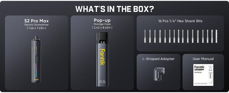 Fanttik S2 Pro Max Electric Screwdriver, Cordless Screwdriver Set, 7 Torque Settings, 0.5 to 6N.m, 16 Magnetic Bits, 1/4''Hex Shank, with 90° Angle Adapter, for Furniture, Household Repairs