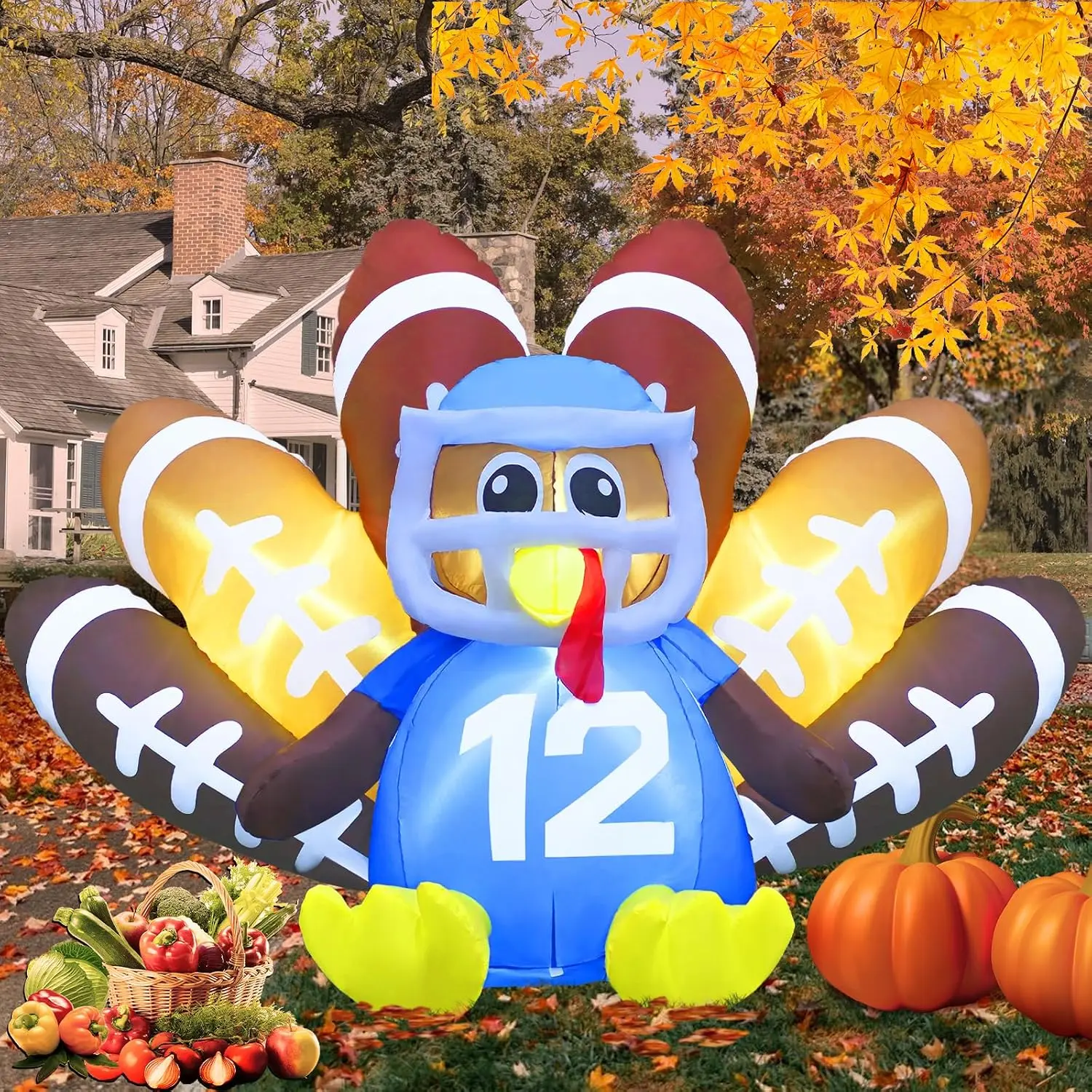 Gardwin 8FT Waterproof Turkey Shape Inflatable Decoration, Blow-Up Turkey with Built-In LED Lights, Football-Themed Outdoor Decor for Garden, Water Proof