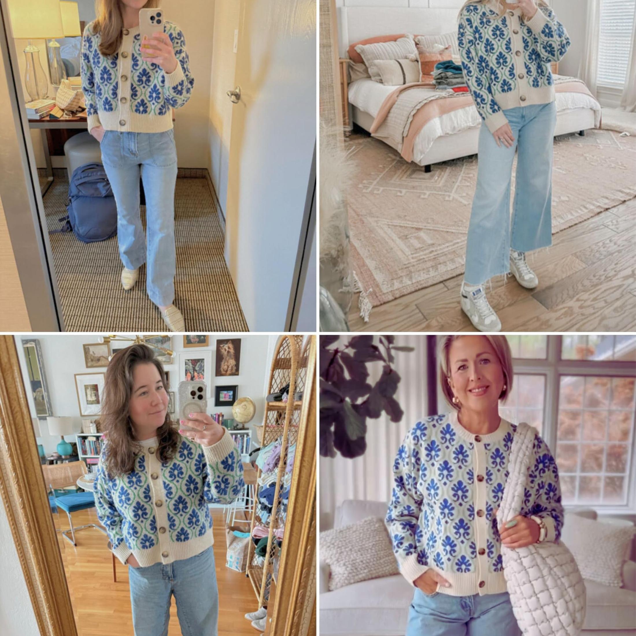 Buenoble Vintage Damask Floral Printed Cardigan Sweater for Women, Round Neck Button Down Long Sleeve Knit Open Front Retro Pattern Knit Outerwear Fall Casual Sweater Coat