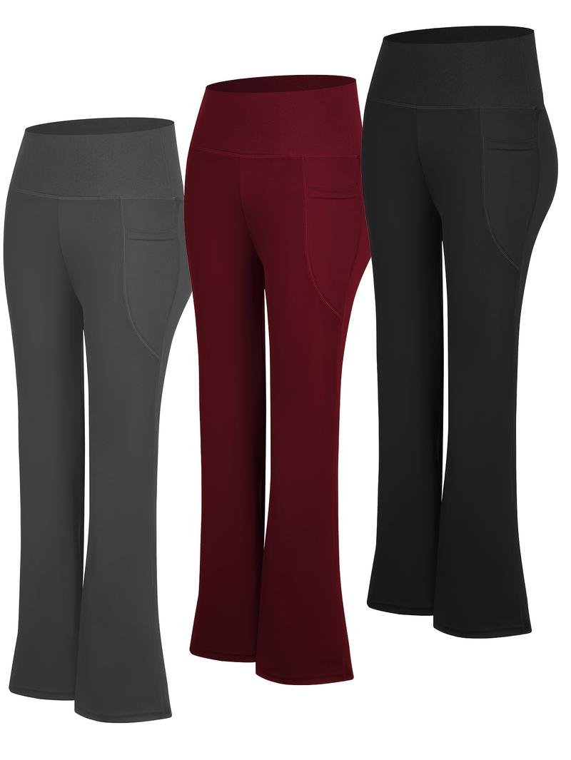 3pcs High Waisted Flare Pants with Side Pockets Tummy Control Stretch Workout Lounge Black Basic Fitted Minimalist Leggings Soft High-Elastic Gym Tights