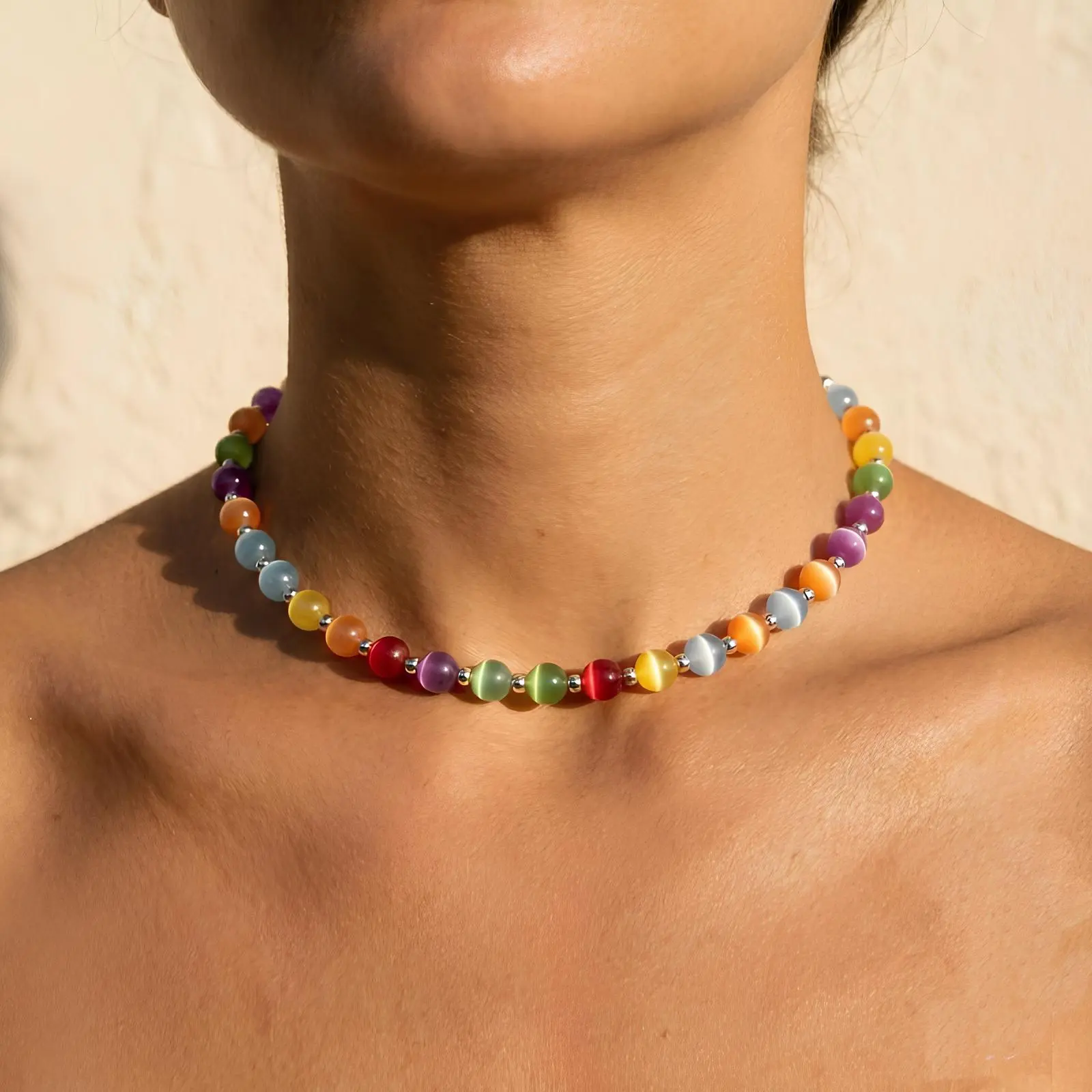 Dopamine Rainbow Beaded Choker for Women, UV Reactive Waterproof Stainless Steel Adjustable Necklace, Colorful Y2K Summer Jewelry