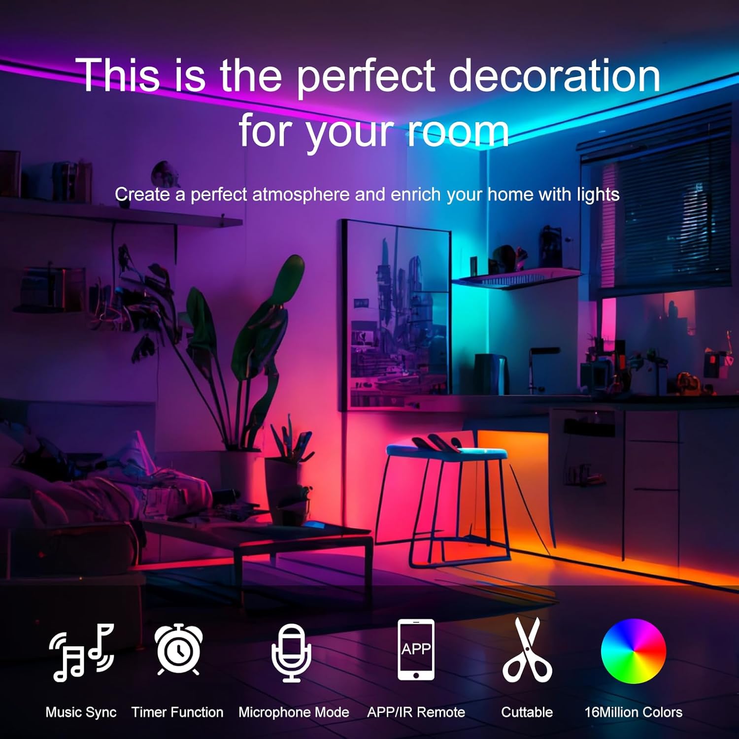 Led Lights for Bedroom 200 FT (2 Rolls 100 FT), with Remote and Application Control RGB Color Changing LED Strip Lights, Music Synchronization Led Lights for Bedroom 200 FT (2 Rolls 100 FT), with Remote and Application Control RGB Color Changing LED Strip Lights, Music Synchronization