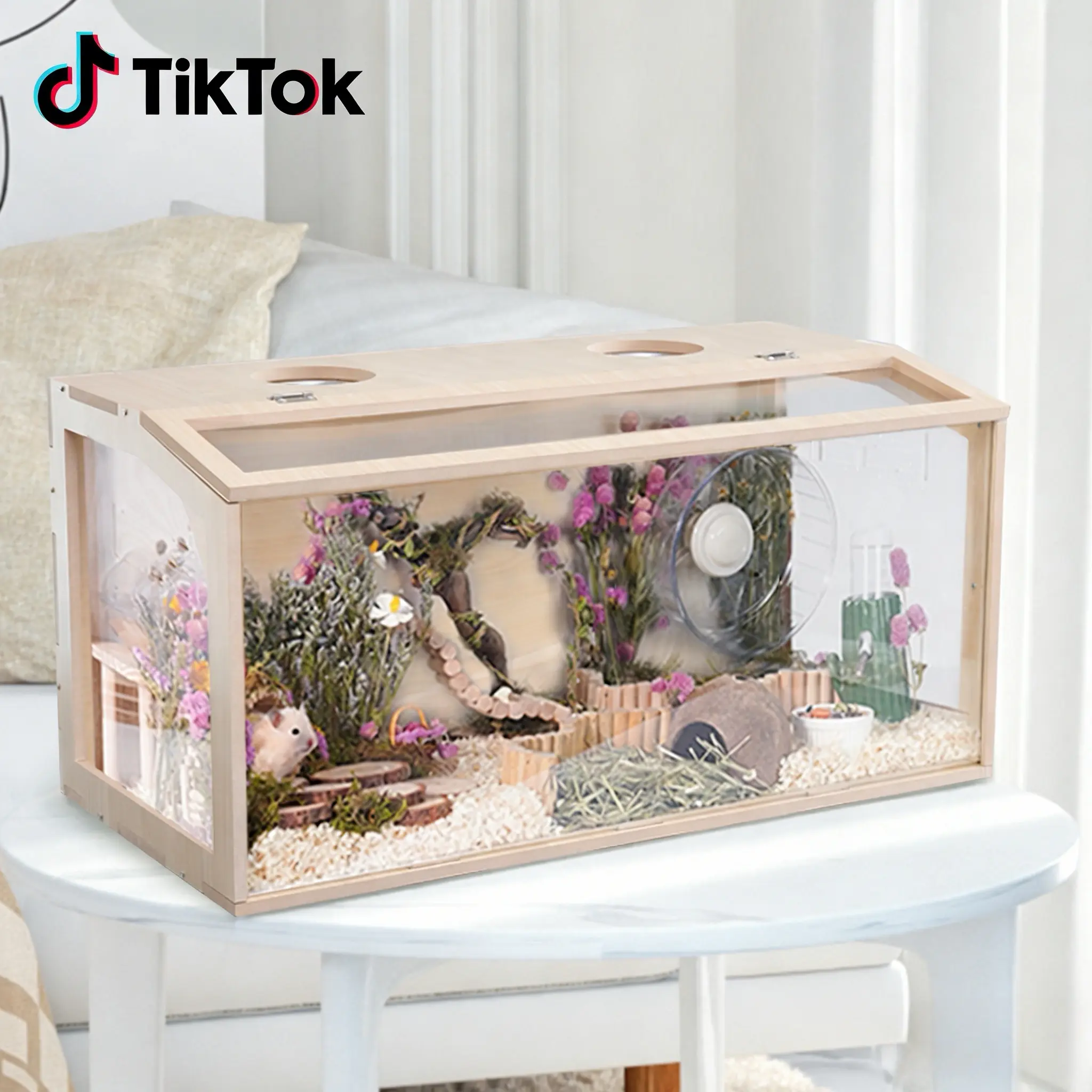 23.6" Large Wooden Hamster Cage | Transparent Acrylic & Easy to Clean for Small Pets