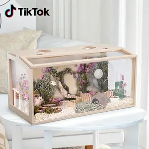 23.6" Large Wooden Hamster Cage | Transparent Acrylic & Easy to Clean for Small Pets