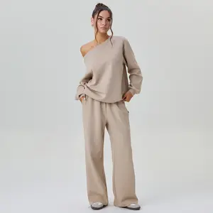 Women's Leisure Solid Color Sloping Shoulder Long Sleeve Top & Wide Leg Trousers Co-ord, Cozy Scoop Neck Loose Two Piece Outfits, Basic Womenswear