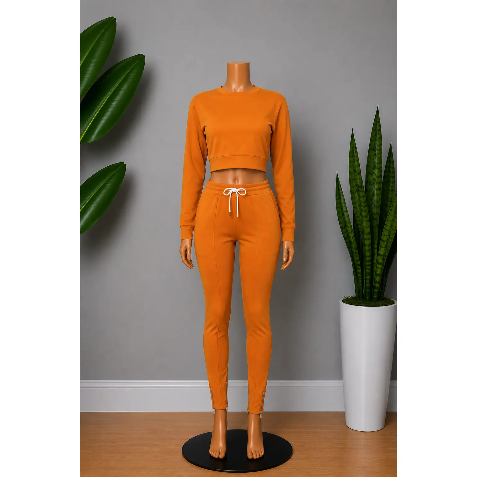 Women's Casual 2-Piece Spandex-Elastane Long Sleeves Jogger Set with Pants and Pockets, Papaya-Orange (Plus Sizes Only)