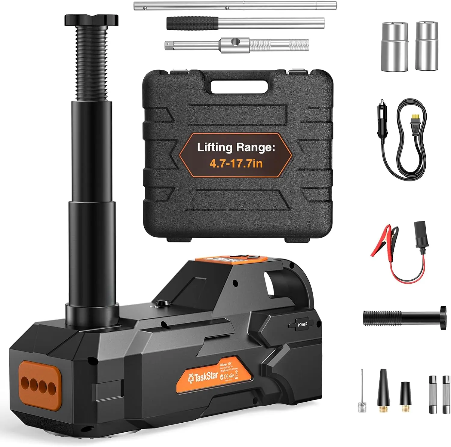 TaskStar Low Profile Electric Jack: 4.7" Min Height to 17.7" Max Lift, 5 Ton 12V Car Jack Kit Hydraulic with Built-in Inflator & Mannul Wrench & LED Light for SUV Sedan Truck Tire Change Garage Repair