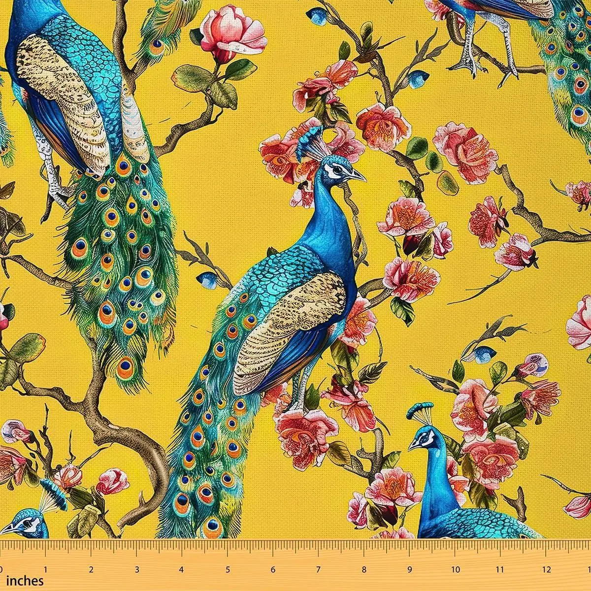 Feelyou Polyester Peacock Fabric by the Yard - Luxury Floral Tree Branch Upholstery for Chairs, Waterproof Outdoor Material with Animal Motifs, Easy Cleaning for Home Room Decor, Green Yellow,sohochic