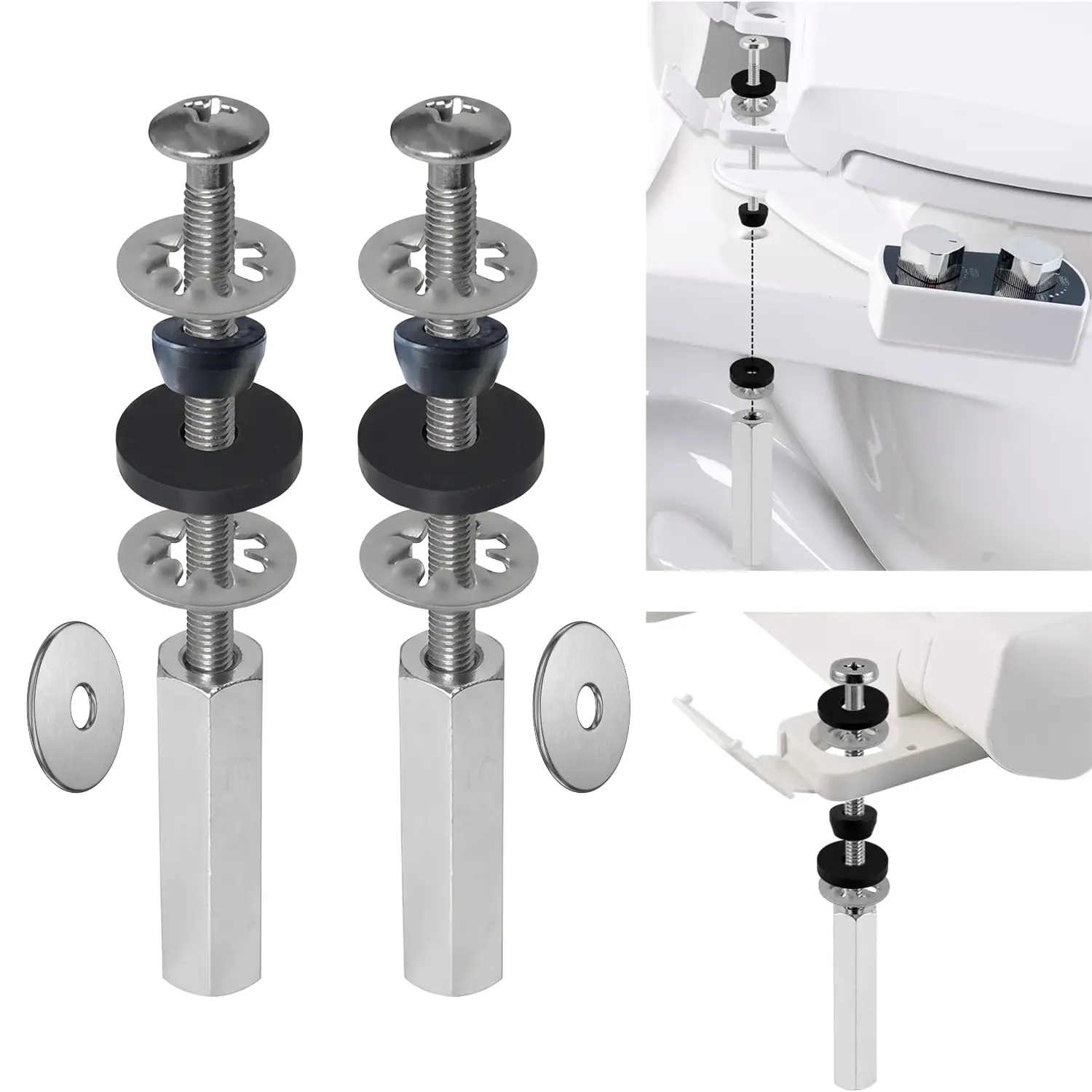2PCS Universal Toilet Seat Replacement Kit, 2.75in Extra Long Stainless Steel Screws with Hex Lock Nuts, Rubber & Metal Washers, Heavy Duty Anti-Wobble Hardware for Standard Toilet Seats, Hex Nut Head