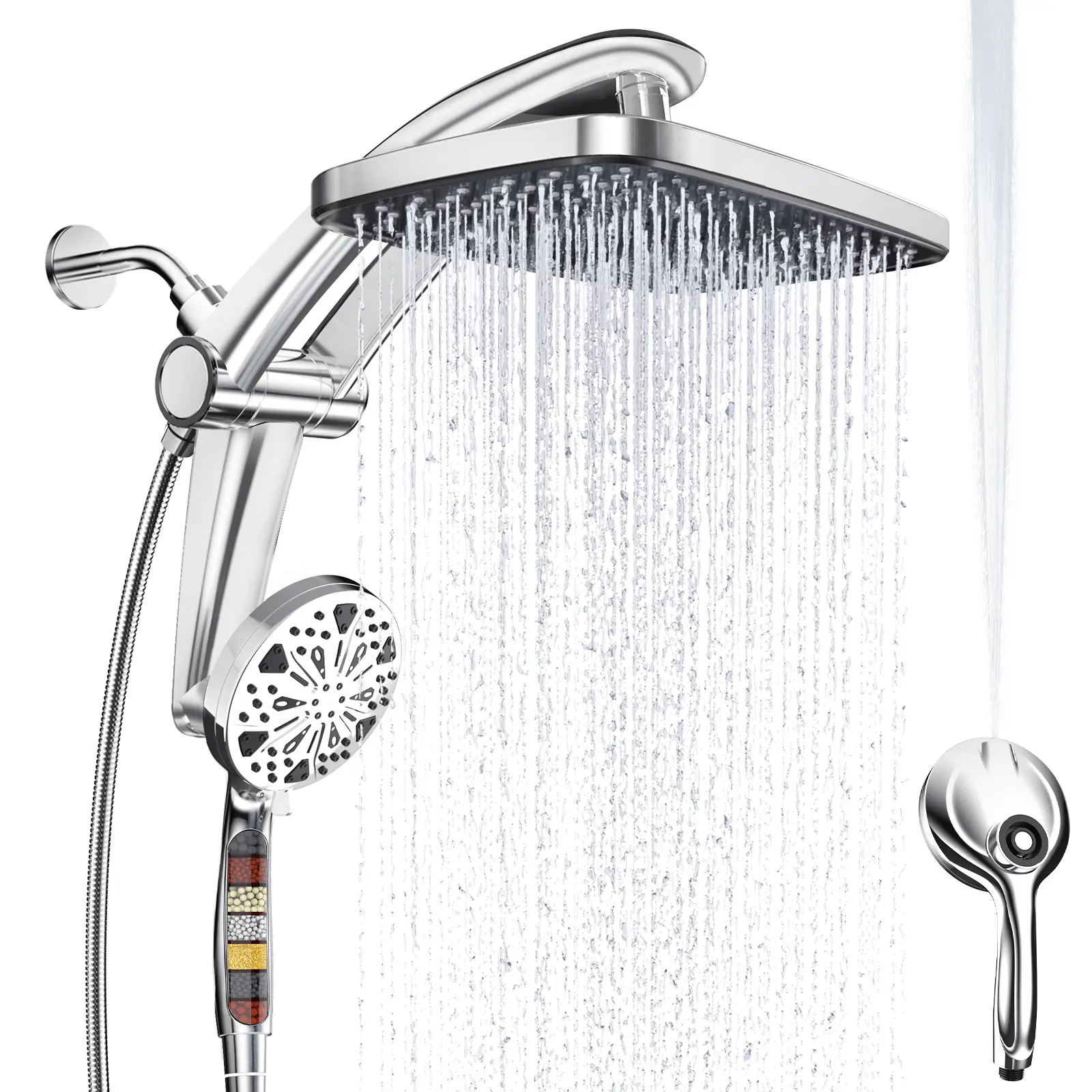 Rain Shower Head with filtered Handheld High Pressure rainfall Shower Heads with Handheld Spray Combo Adjustable one-piece stand daul shower head Built-in Magnetic Docking and Power Jets Adjustable Showerhead Rainfall Shower System Handheld Showerhead Set
