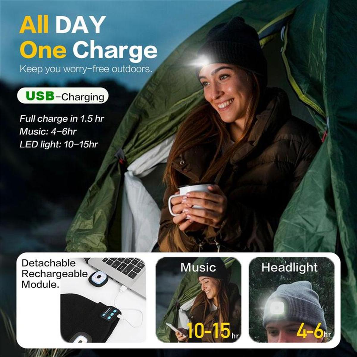 Bluetooth Beanie with a Light, Unisex USB Rechargeable 4 LED Fashlight Hat with Cordless Headphones, Unique Christmas Gifts - Black