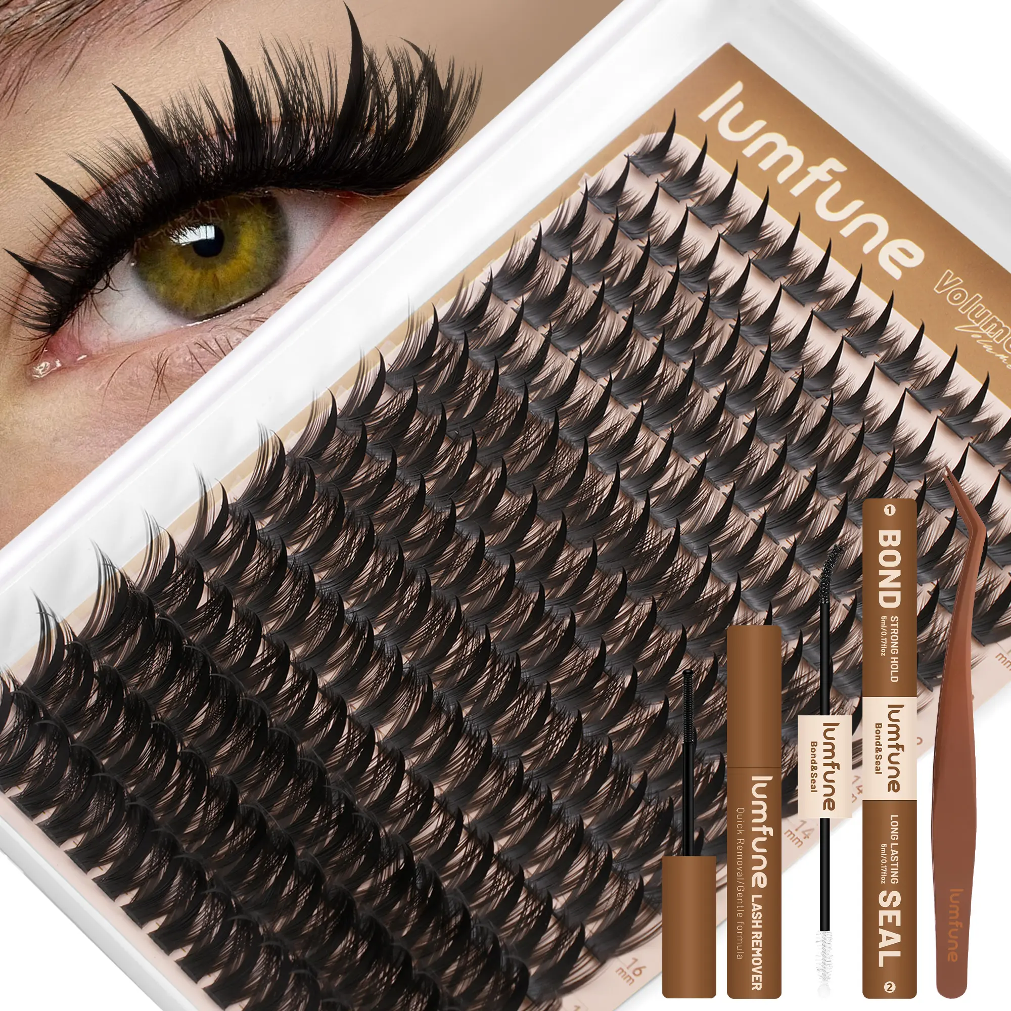 Lumfune Spike Lash Clusters Kit Eyelash Clusters with 10-18mm Manga Fairy Individual Lashes Wispy Volume Cluster Eyelash Extensions Bond & Seal and Remover Spiky D Curl Lash Extension Kit
