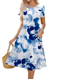 Women's Summer Short Sleeve A-Line Midi Dresses Casual Floral T-Shirt Dress Flowy Beach Sundress with Pockets