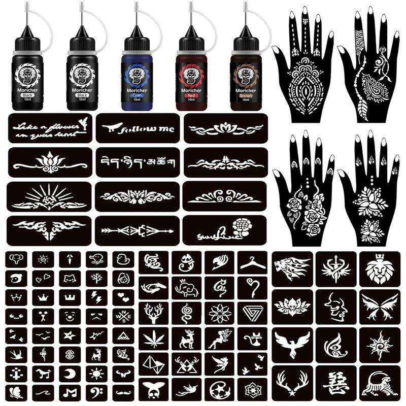 Prime Temporary Tattoo Kits 5 Inks 102 Stencils, Henna Tattoo Kit with Mandala Stencils Semi Permanent Tattoo Markers Jagua Gel for Women Men Kids Removable