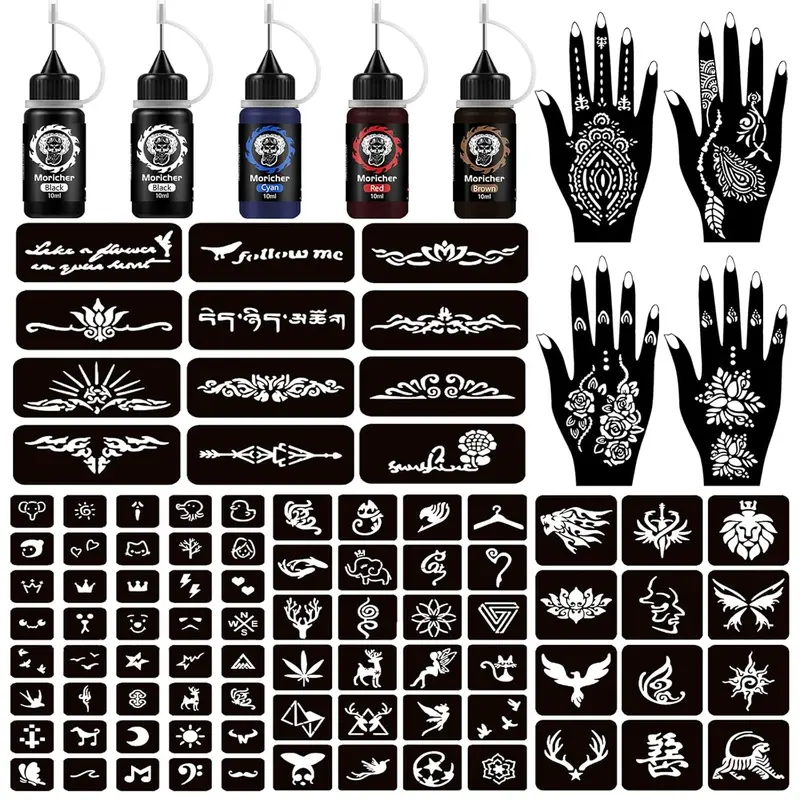 Prime Temporary Tattoo Kits 5 Inks 102 Stencils, Henna Tattoo Kit with Mandala Stencils Semi Permanent Tattoo Markers Jagua Gel for Women Men Kids Removable