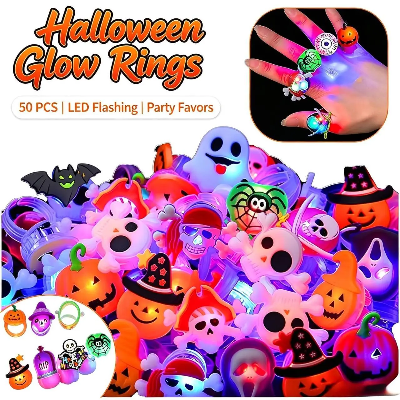 50pcs Glow Flashing LED Halloween Rings, Kids' Festive Party Favors, Halloween Goody Bag Fillers, Mini Spooky Gifts